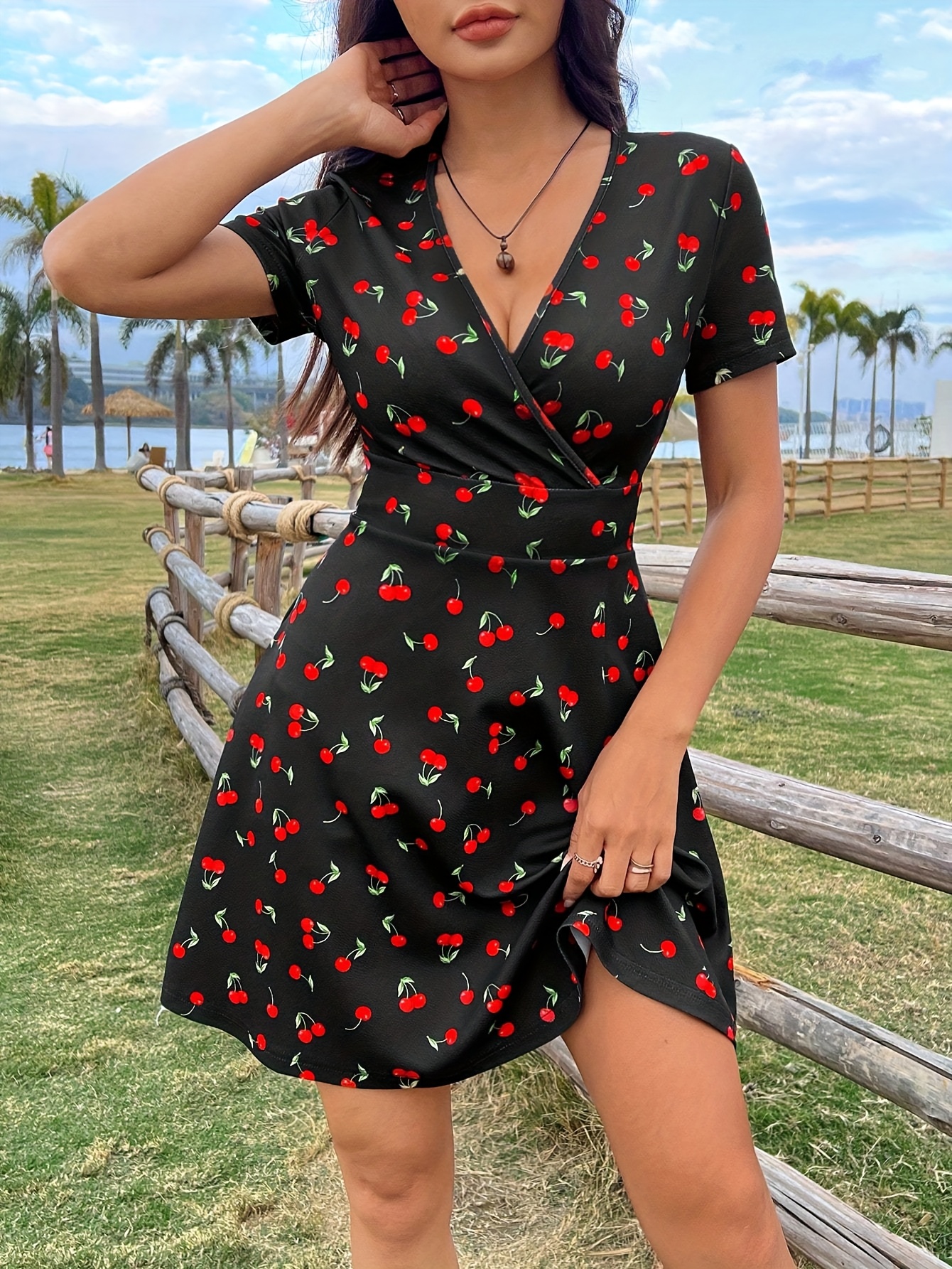 knee length dresses for ladies Cherry Red Button A Line Mini Graylee Dress – SABO main image 1