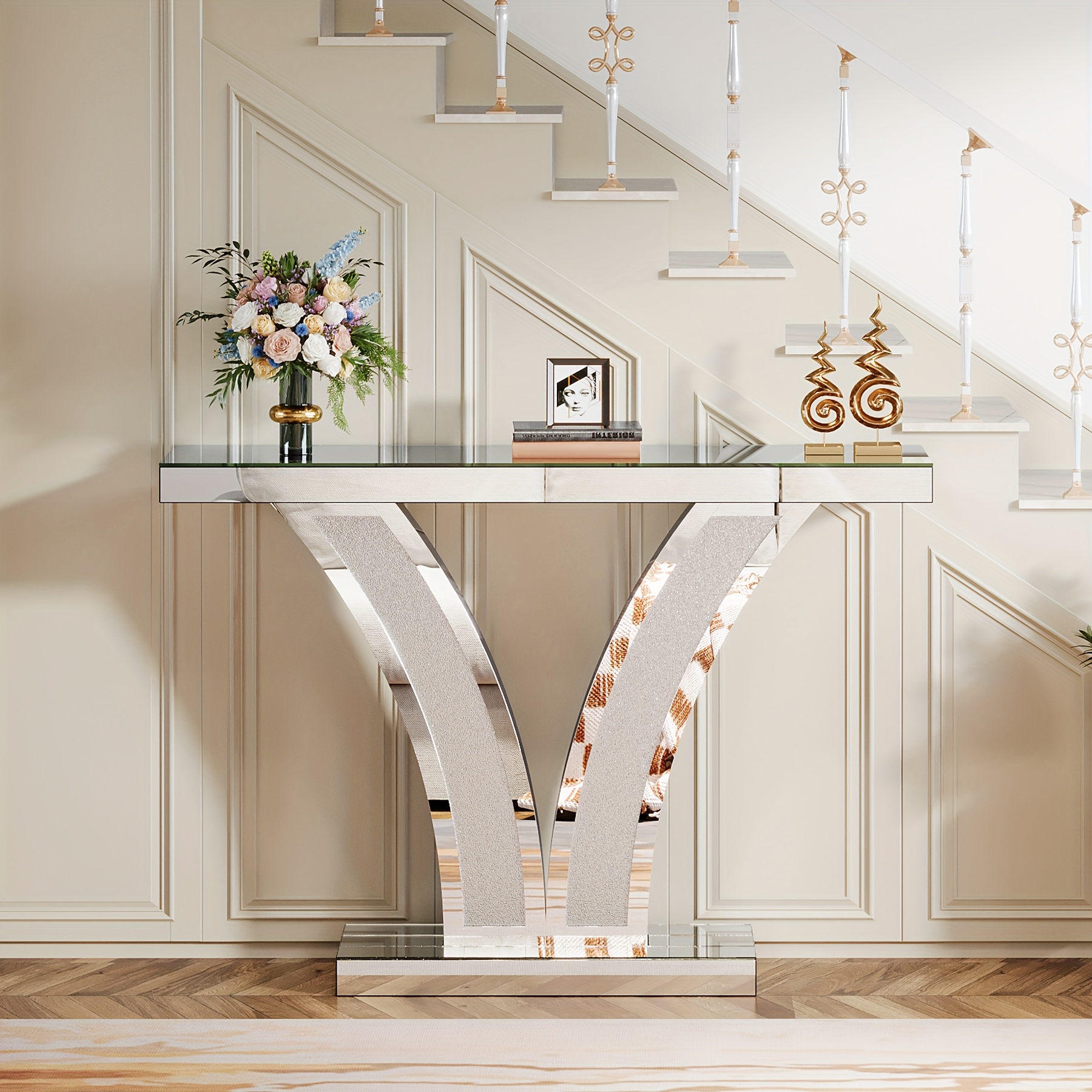 Mirrored Console Table, Modern Sliver Entryway Sofa Table With Crystal Inlay Frames For Living Room, Hallway, Foyer