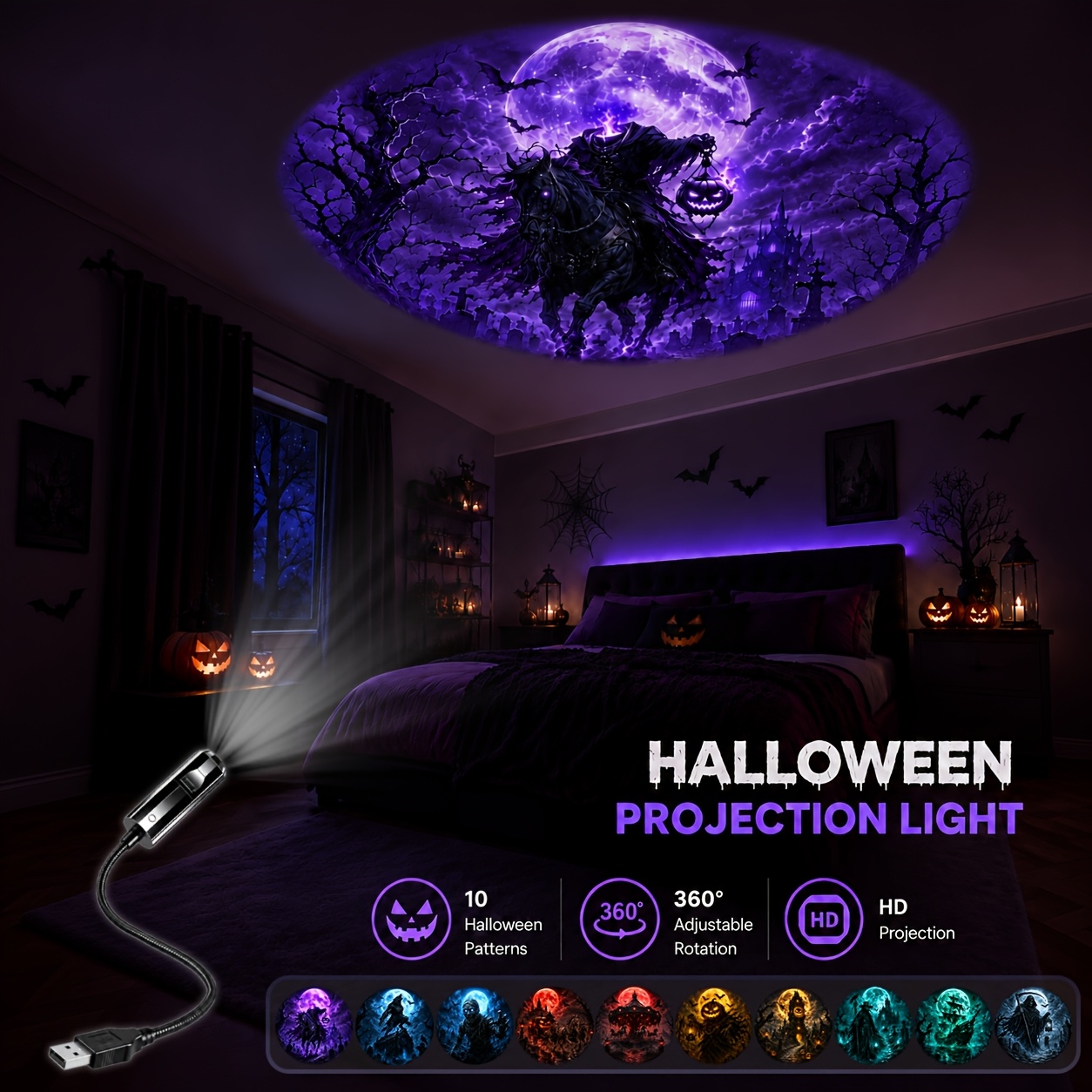 TEMU 10 Halloween Pattern Projector Lights, 360° Multi-angle Rotation, Usb Powered, High-definition Projection, Suitable For Wall/ceiling Festive