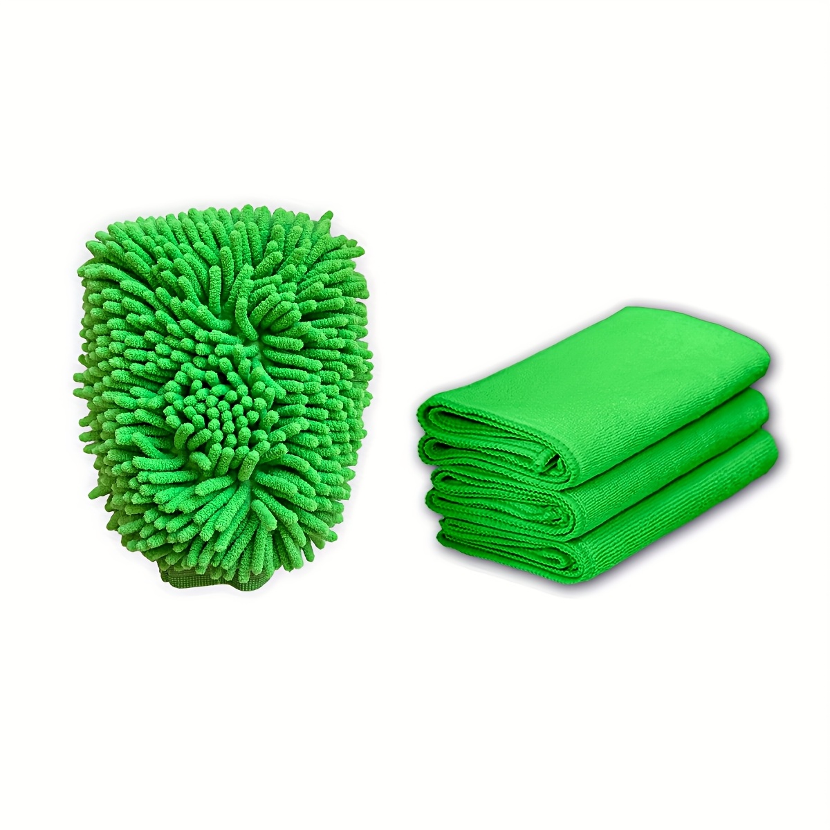 TEMU 4-pack Super Absorbent Chenille Cleaning Set - 1 Gloves & 3 Cloths (4 Fixed Color Combinations, 1 Random ), Wash Mitts For Car Interior &