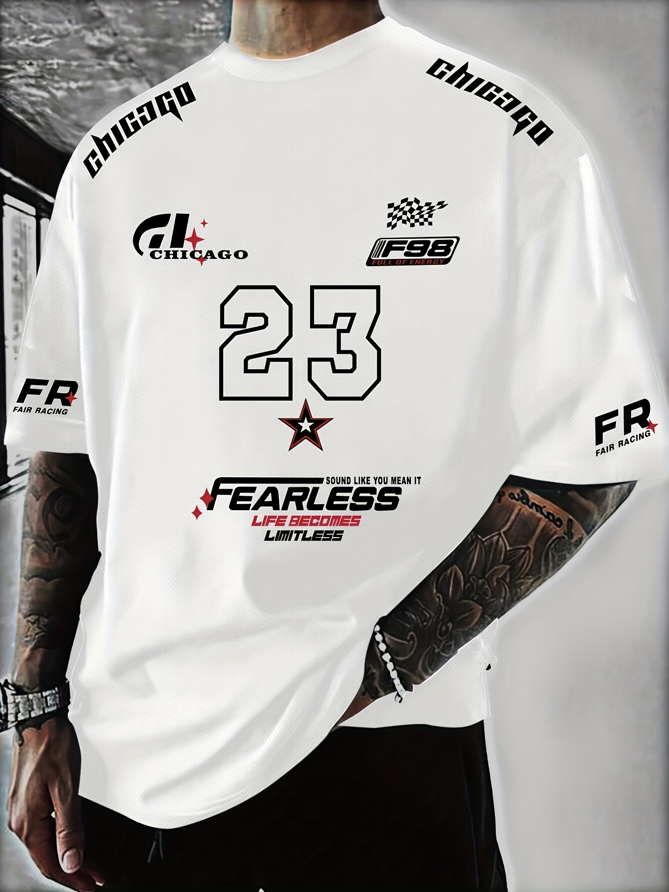 A Men'S Racing Icon #23 3D Print Short-Sleeve T-Shirt - Casual Streetwear, Breathable Sportswear, Round Neck, Summer Fashion Top, Unique Letter Print Design, Made of 100% Polyester, Slightly Stretchy Knitted Fabric, Suitable for All Seasons Pullover.