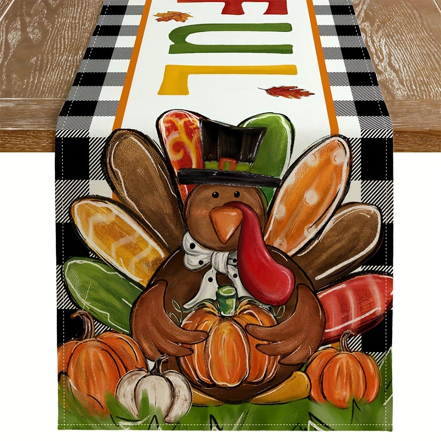 

Jit 1pc, Thanksgiving Linen Table Runner - Farmhouse Turkey & Celebration Decor, Woven Buffalo Check Plaid For Home & Party Indoor Thanksgiving Decorations, Thankful Motif Design