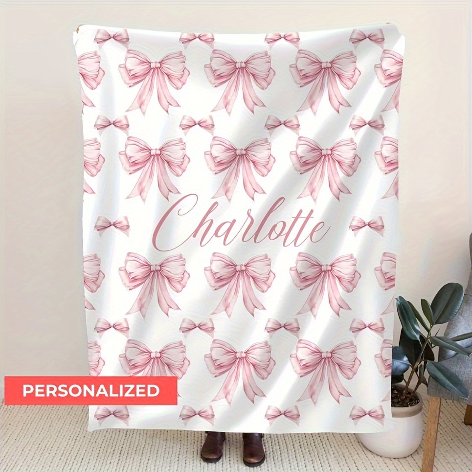 

Custom Name Flannel Throw Blanket, Pink Bowknot Print, Personalized Gift For All , Machine Washable, Digital Printing, Polyester, Multipurpose Use For Outdoor, Travel, Home, Pet, Office - 1pc