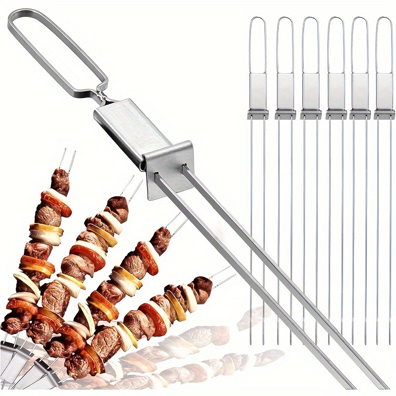 

6pcs/set, Barbecue Skewers, Double Fork Barbecue Skewers With Push Rods, Double Pronged Bbq Skewers With Push Bar, Camping Or Home Stainless Steel Skewers, Reusable Skewers, Barbecue Accessories