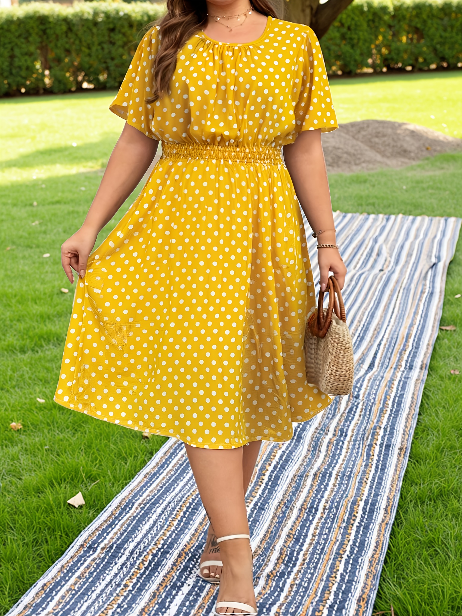 Women's Plus Size Summer Sleeveless Dress - Polka Dot Floral Scoop Neck Casual Dress, Yellow, X-Large