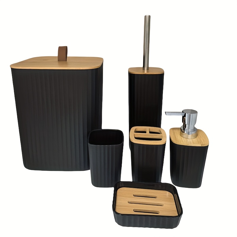 Yorkmills Bamboe badkamer accessoires set, 6 stuks badkamer accessoire set, badkamer bak en toiletborstel set, duurzame tandenborstel houder beker