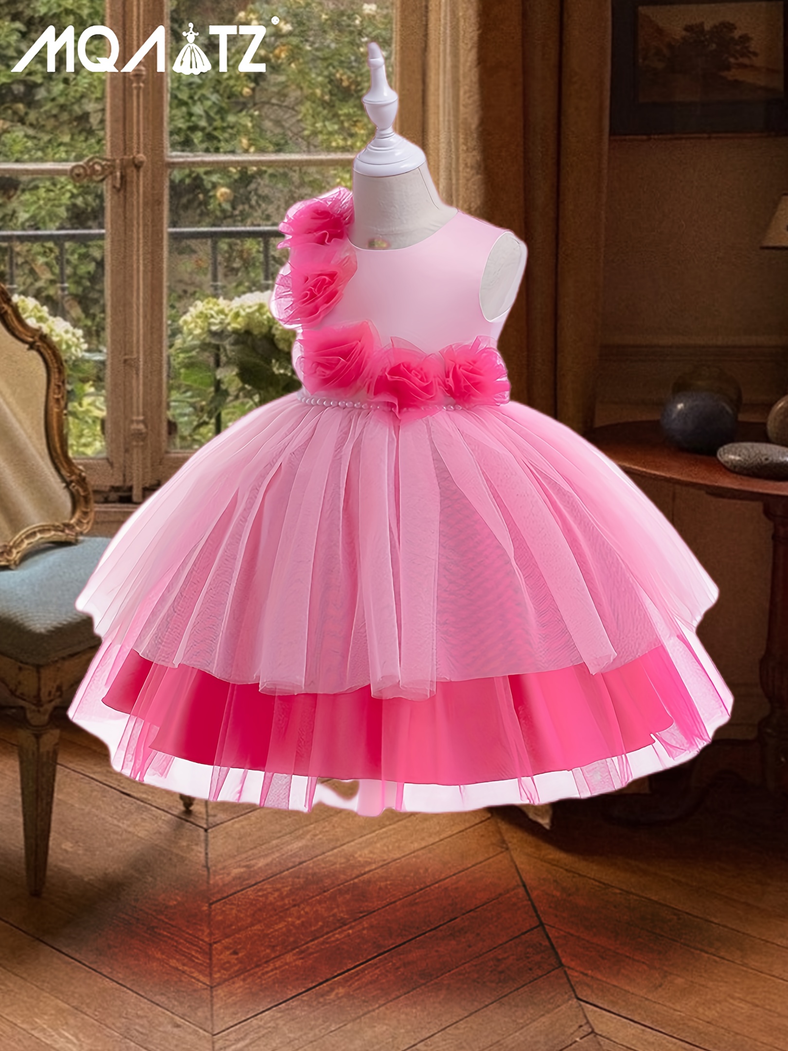 Girls Peach Dress Birthday Party Princess Dress Beaded Puffy - Temu