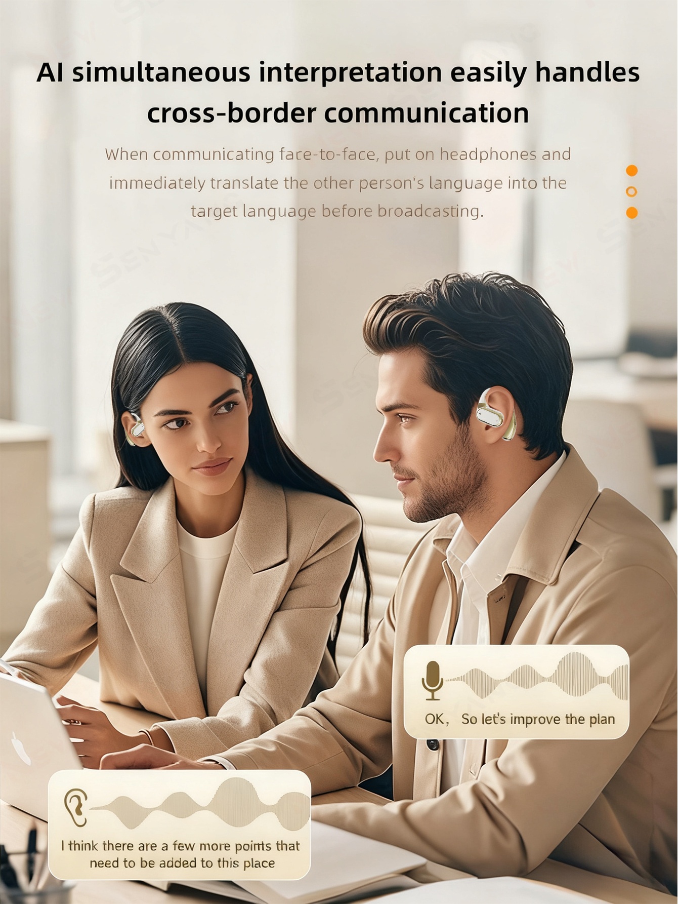 2025 New Senyang AI Translation True Wireless Over-Ear Business Comfort Earbuds - Sports Minimalist Earphones - Multilingual Support, Smart Dual Mic Noise Cancellation, Touch Control, Compatible with Phones, Perfect for Travel, Socializing, Studying