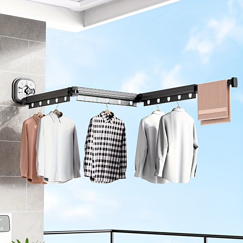 

1pc Metal Clothes Drying Rack With Suction Cups, Foldable And Detachable Wall-mounted Laundry Hanger, No-drill Vacuum Strong -bearing Invisible Telescopic Pole For Home Balcony Rv Use, Drying Racks