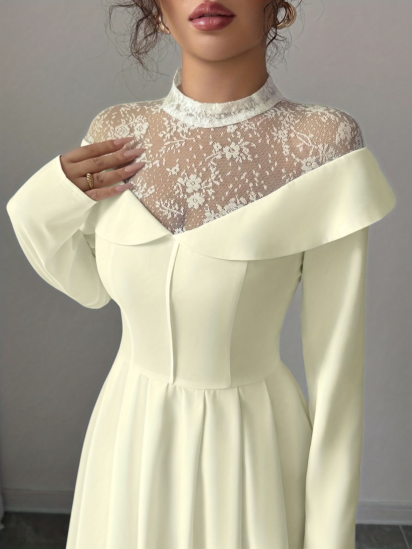 s elegant white a line maxi dress with mesh panel lace like sheer back long sleeve length wedding guest gown round neck formal evening dress machine washable no stretch Product details 10