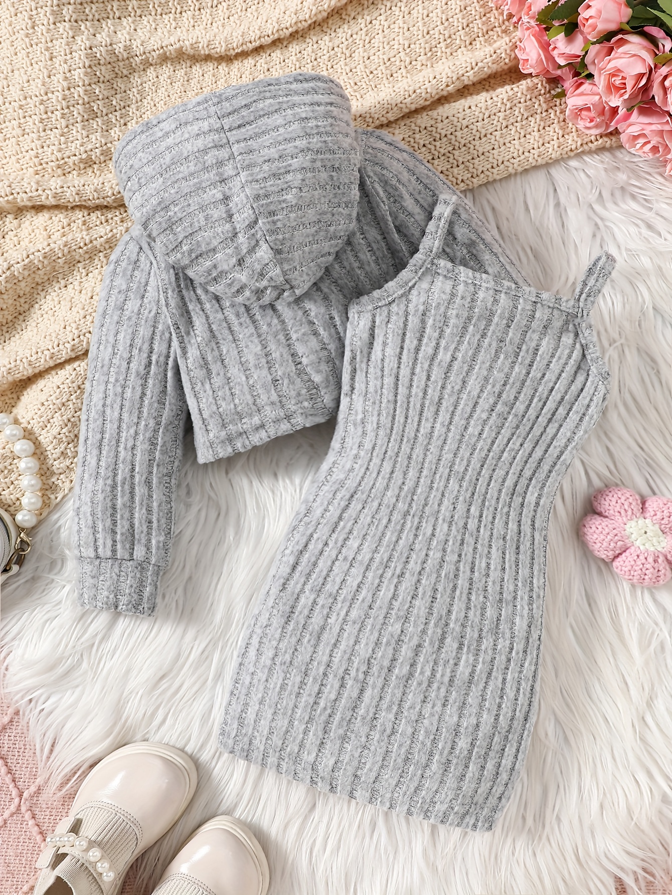 a cute and trendy two piece set for baby girls and toddlers featuring a hooded long sleeve top with ribbed stripes and a cat embroidered dress   outdoor activities and everyday wear making it an   gift   for girls on special occasions Product details 12