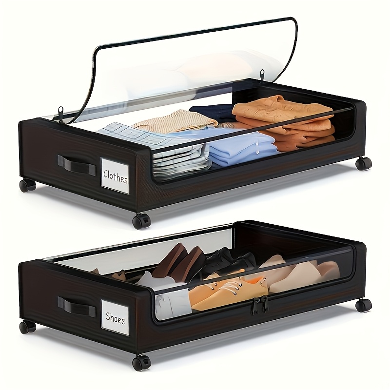 TEMU Set Of 2 Rolling Storage Bins Under The Bed, Featuring Transparent Lids For Easy Visibility. Ideal For Organizing Clothes, Shoes, Books, And