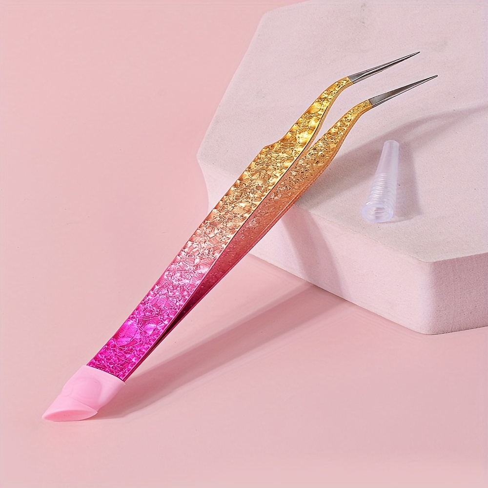 TEMU Multi-functional Dual Head Nail Art Tweezers, Pink Golden Gradient Embossed Curved Dolphin Clip With Press Stick For Picking Up And Applying False Tips - 1pc