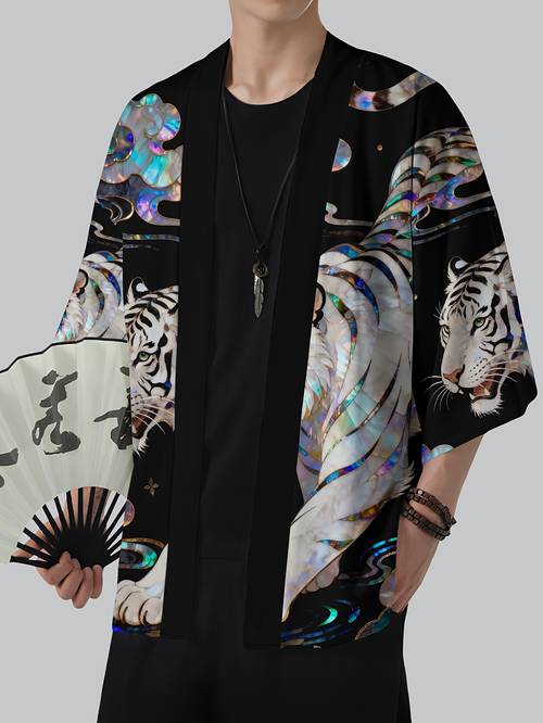 black background iridescent pearlescent white tiger gilded cloud full width print feather weave unisex loose sleeve japanese kimono robe lightweight breathable comic exhibition street high end su