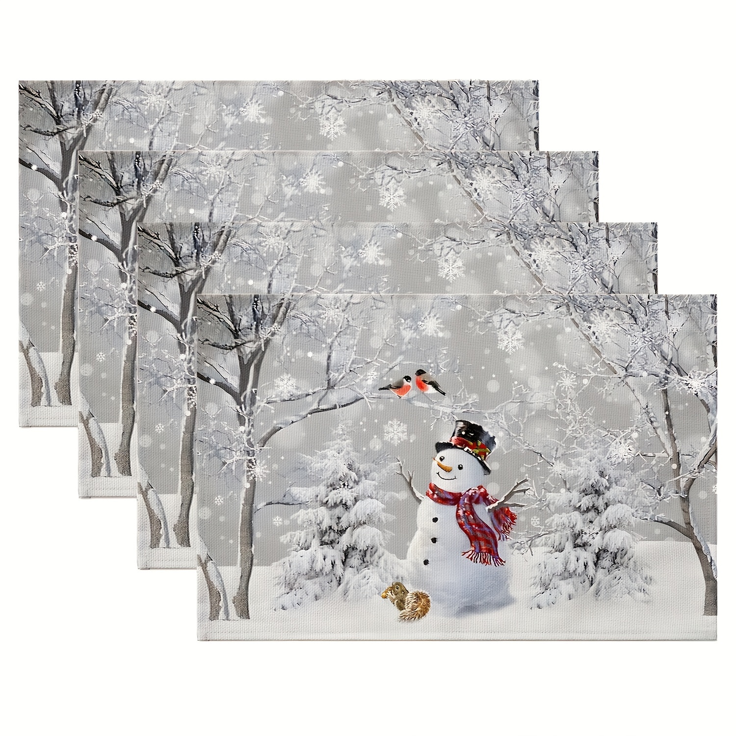 

[4pcs Snowman Placemats] 4pcs Christmas Placemats, Rustic Wildlife Snowman And Squirrel Design, Woven Linen Table Mats, Rectangular, Heat Resistant, With Hand Wash Only, For Home And Holiday Events