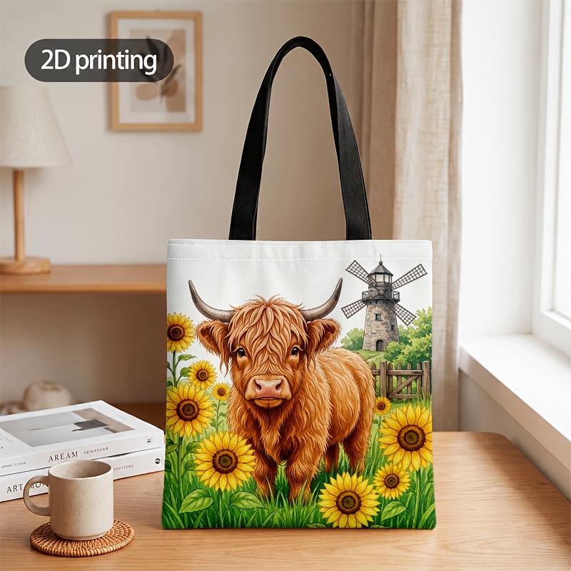 TEMU 1pc 2d Flat Crossbody And Handbag For Men And Women, Unisex Dual-use Crossbody Tote Bag With Highland Cow Sunflower Windmill Pastoral 2d Print,