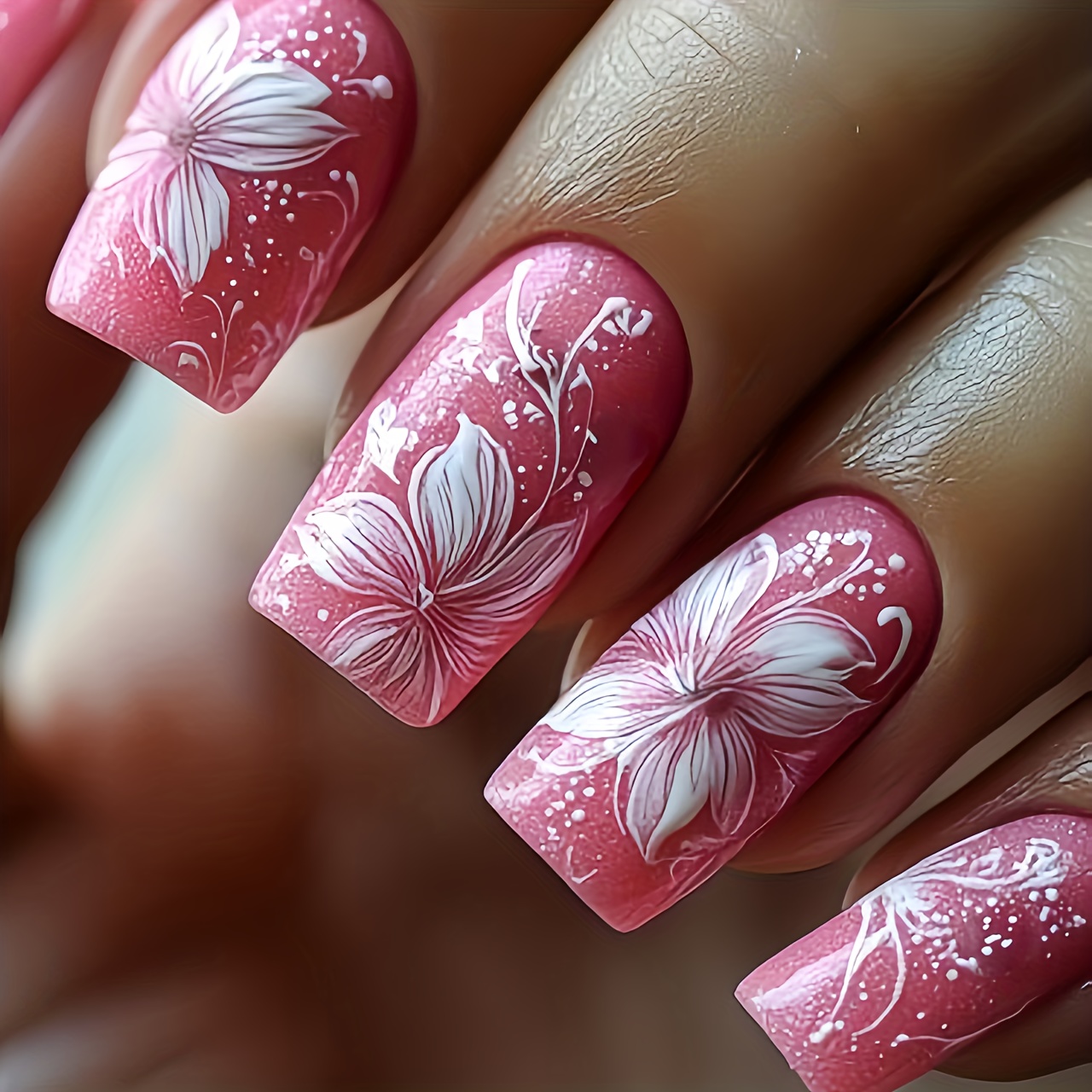 24pcs Elegant Square Floral Press-on False Nails, Removable