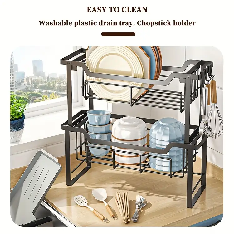 1pc multifunctional convenient durable kitchen counter top sink bowl rack removable 2 tier bowl rack drain board with double layer bowl cup rack drain board board rack utensil rack Product details 6