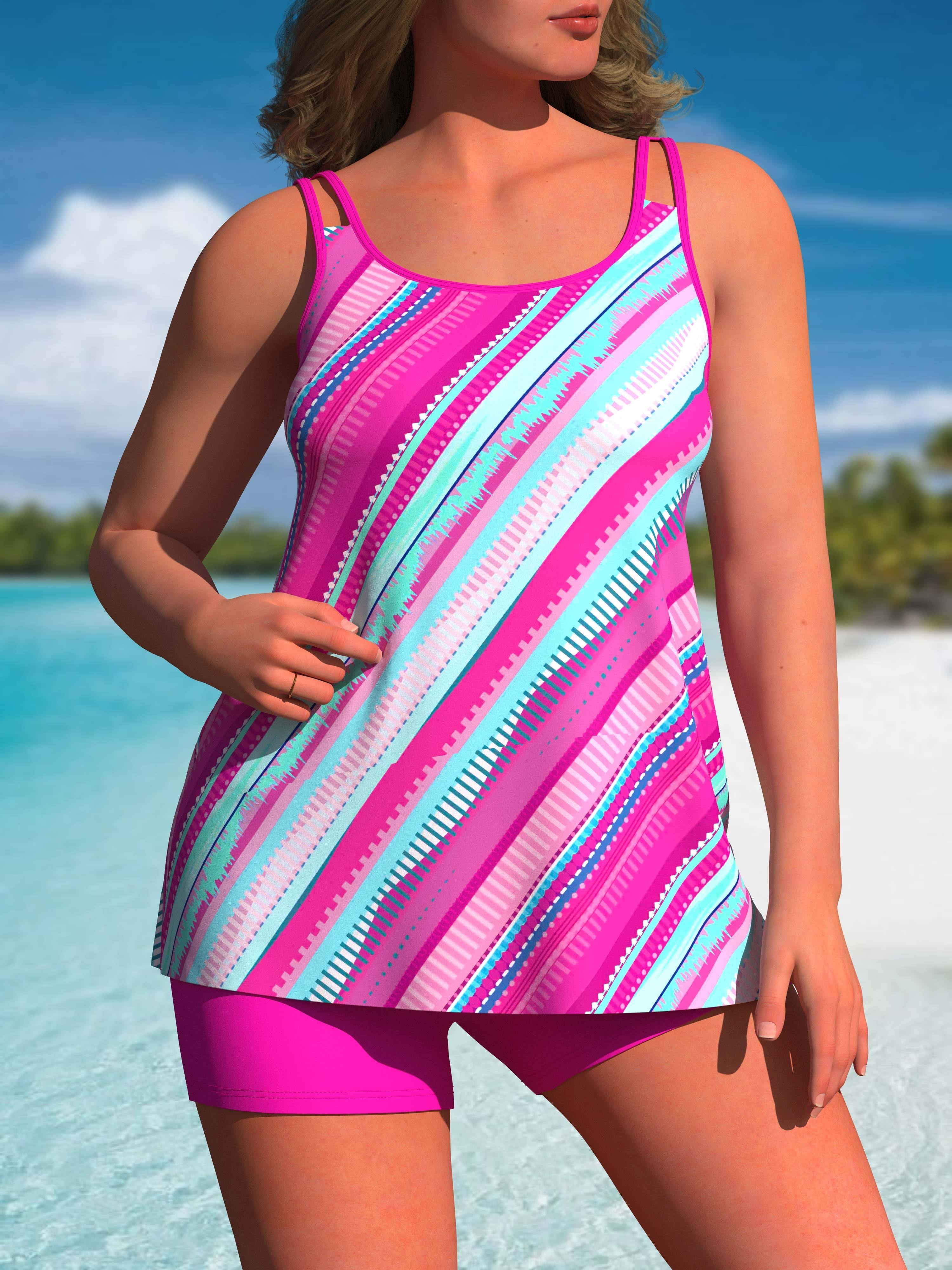 Plus Size Casual Tankini Set, Women's Plus Colorful Stripe Print Scoop Neck  Cami Top & Shorts Swimsuit Two Piece Set