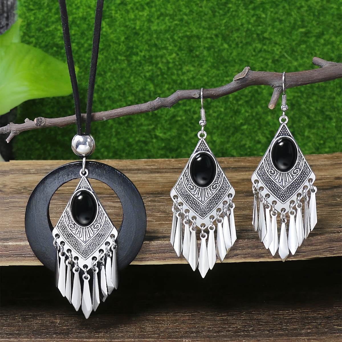 TEMU 3pcs Ancient Silvery Men's Neck Jewelry Set, Bohemian Vintage Rhombus Earrings, Black Hollow Out Pendant Necklace, Sweater Chain Combination Set Fashion Cool Classic Accessories