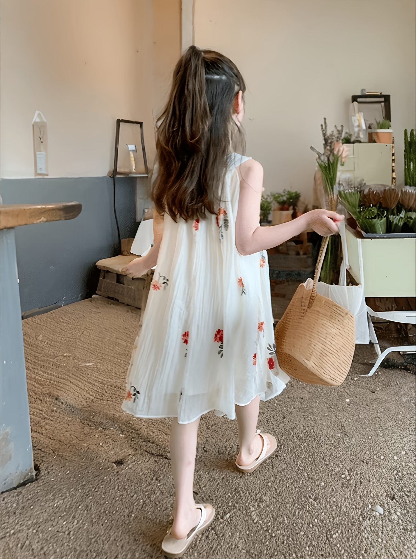 Bohemian Style Summer Dress with Embroidered Flowers, Sleeveless Mesh Overlay For, Perfect for Casual Outings Or Vacation, Lightweight Princess Dresses for Little