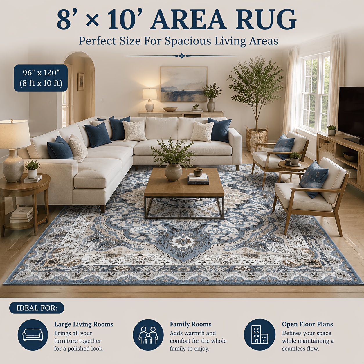 TEMU Large Washable 8x10 Area Rug For Living Room, Low-profile Non-slip Backing & Durable Edge Binding, Vintage Large Boho Area Rugs For Bedroom,