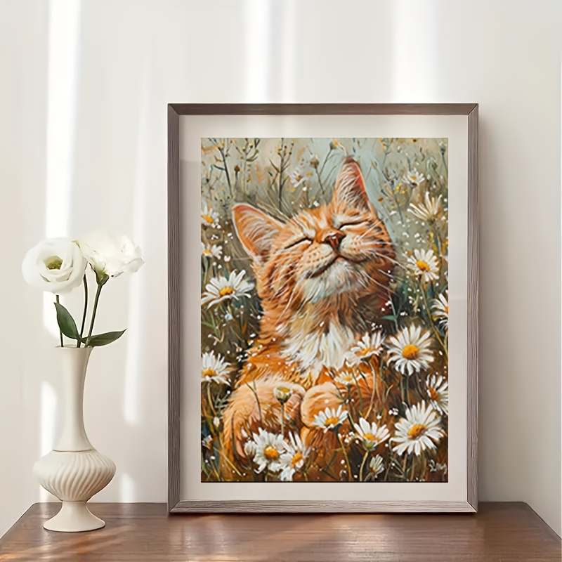 

1pc Round 5d Diamond Painting Kit, Animal Theme Cat & Daisies On Canvas, Mosaic Art Set For Beginners, Diy Handcraft Wall Decor, Ideal Gift - 30x40cm