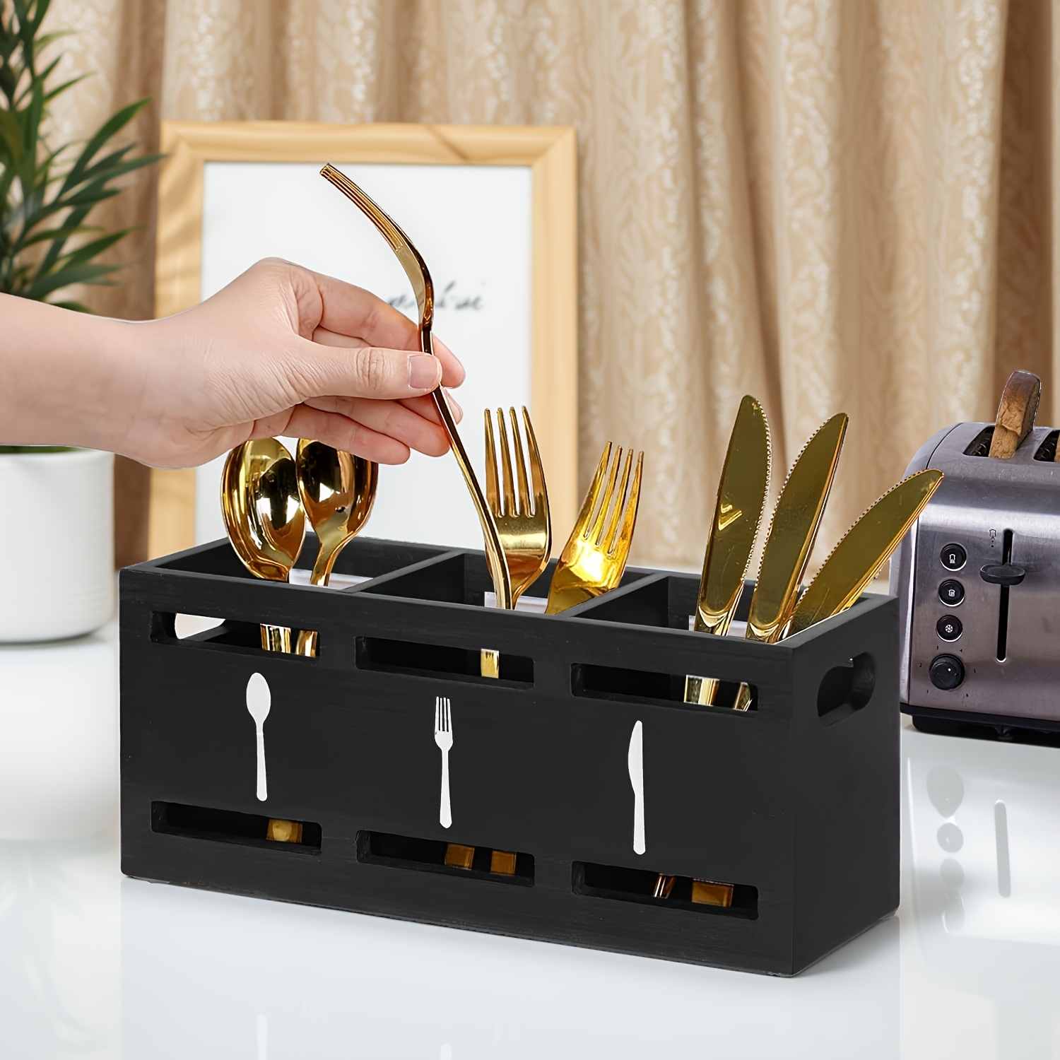 E-shop Holz Besteckaufbewahrungsbox, Kleiner Schwarzer Küchenutensilienhalter, Geeignet für Arbeitsplatte Löffel- Gabelhalter, Besteckbox, Ideal für