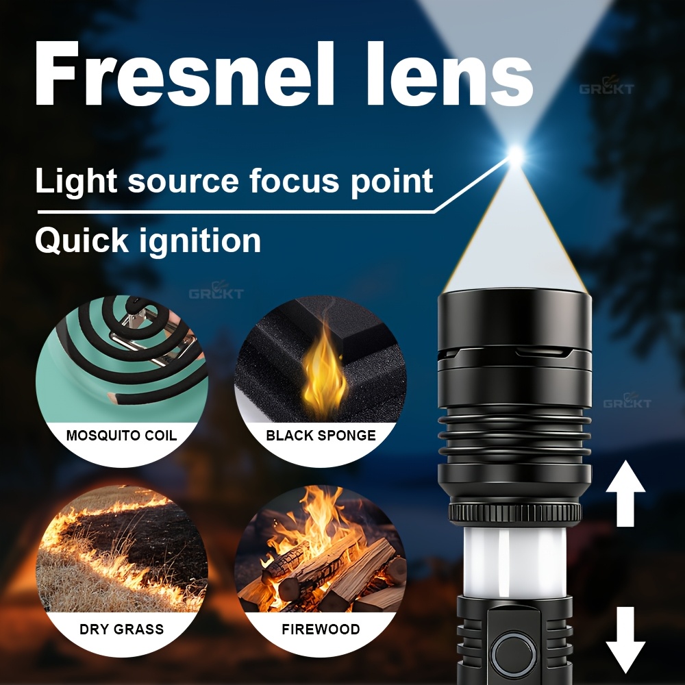 Multi-Functional Camping Flashlight with Fresnel Lens Ignition