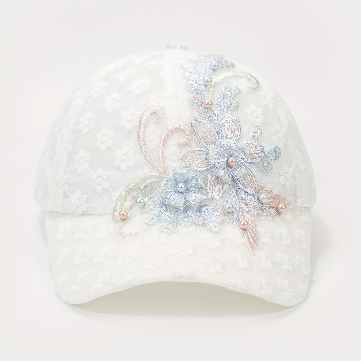 Image of 1pc Breathable Lace Flower Embroidered Baseball Cap For Women - Adjustable Summer Sun Hat With , White Decorative Hat For Casual & Formal Occasions, Packable Sun Hat, Construction