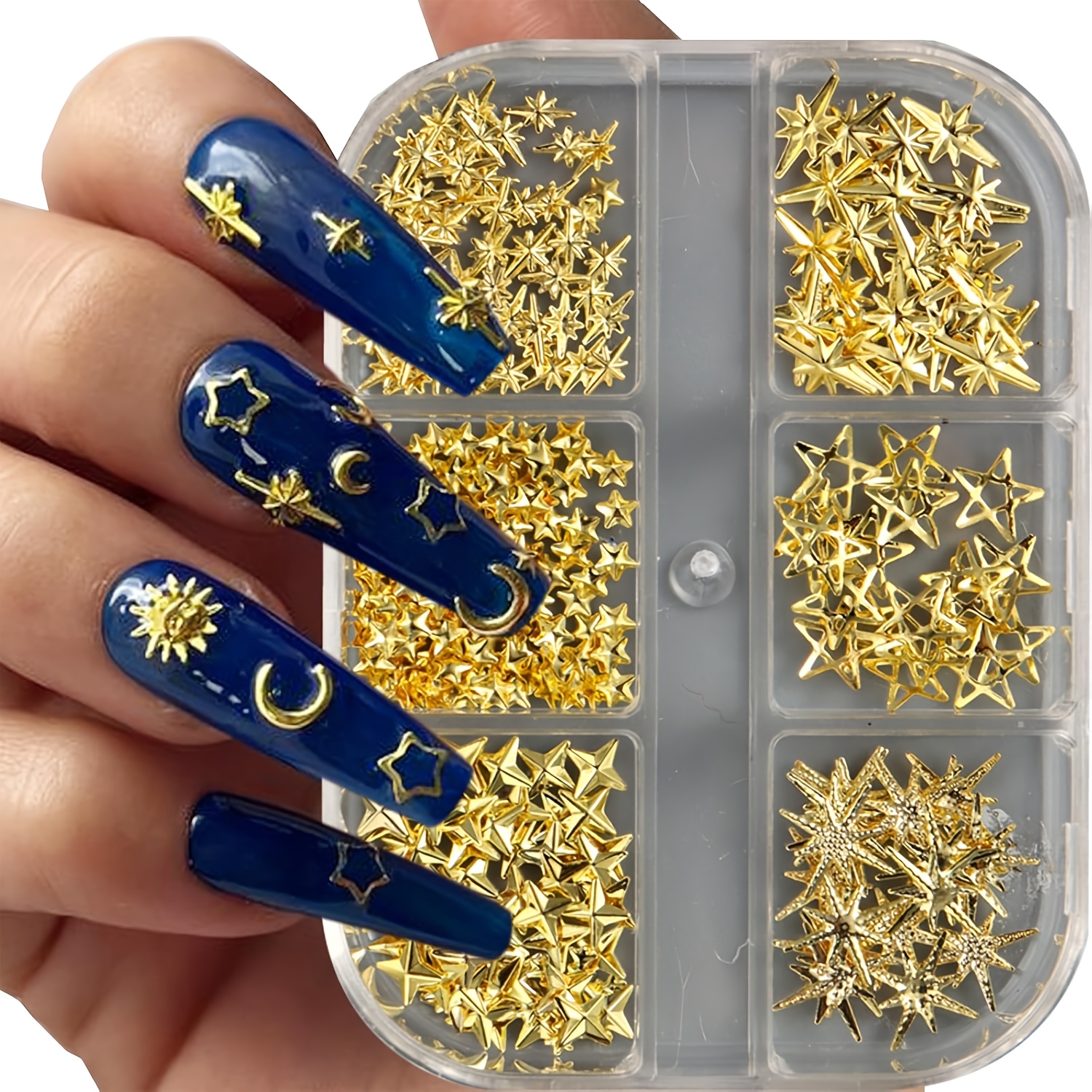 TEMU 6 Grilles de Breloques d'Art d'Ongles en Alliage Doré, Kit de Décoration de Clous d'Ongles Étoile 3D pour d'Ongles, Fournitures de Manucure de