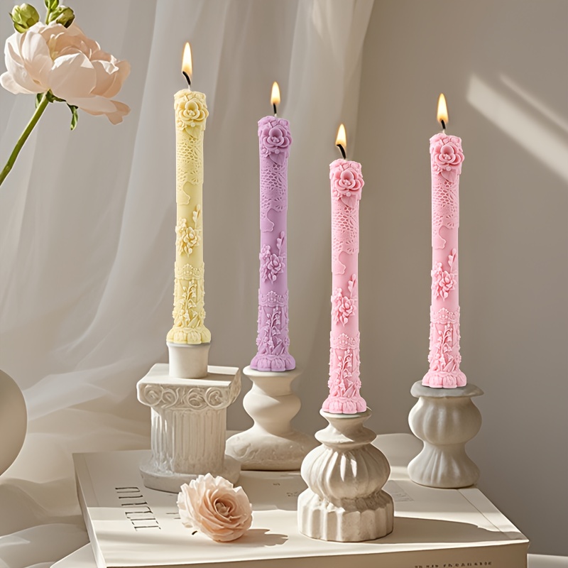 

1pc Set Silicone Candle Molds, Floral Embossed Long Taper Candle Molds, Irregular Shape, Flower Theme, And Flexible With Diy Candle Making For Vintage Aromatherapy Candles