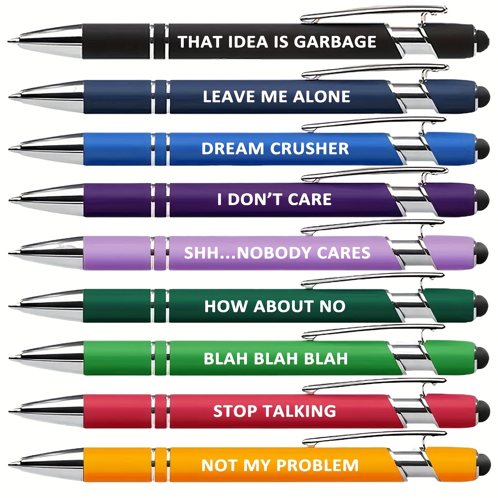 

9-pack Snarky Quotes Ballpoint Pens, Metal & Pvc, Medium Point, Smooth , No Feather, For Office & Women, Assorted Colors