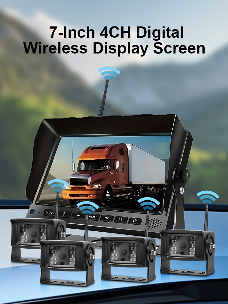 5pcs/set Wireless RV Backup Camera Kit for Truck Digital Wireless Rear Side View Cameras & 4-Split 17.78cm DVR Monitor, 4-Ch Full View Cameras for Trailer Truck Camper