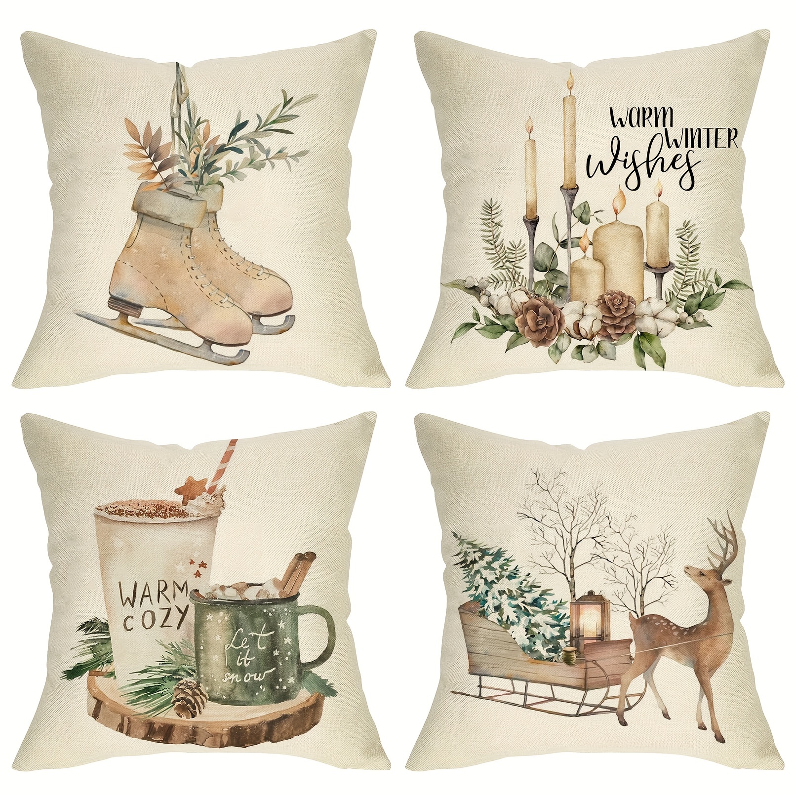 

Vintage Winter Wishes Decorative Throw Pillow Covers Set Of 4 - Reindeer, Ice Skate, Pine Cone Candle, Hot Cocoa Design Linen Blend Cushion Case With Zipper For Farmhouse Home Decor, Machine Washable