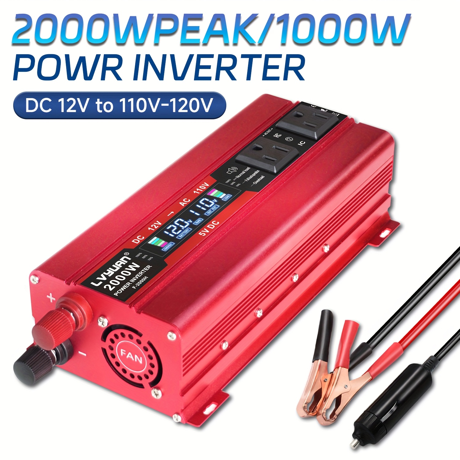 TEMU Lvyuan Car Power Inverter, 2000w 1000w, 12v To 110v To Ac, With Outlets, Lcd Display, Usb Port, Suitable For Car, Home, Outdoor And Camping. Red