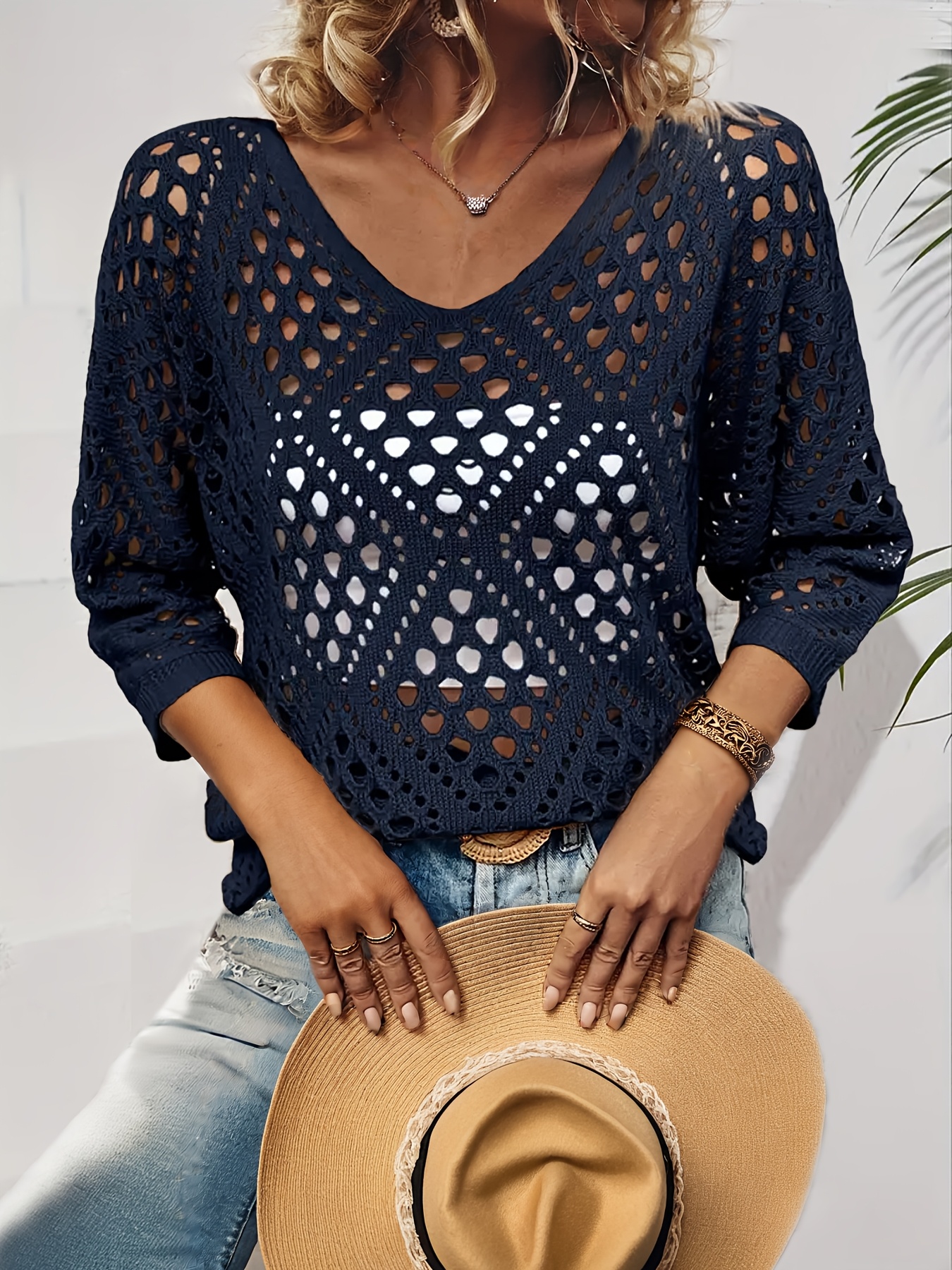 spring summer autumn solid color womens elegant v neck casual loose vacation hollow out pullover