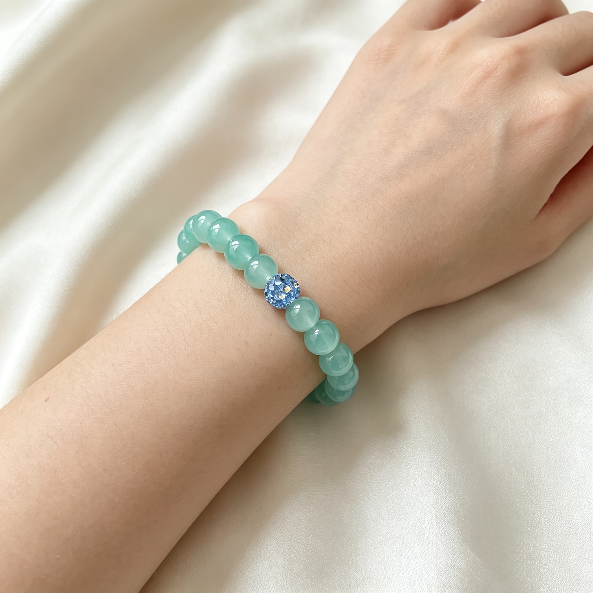 Light Green Imitation Jade Round Bead Stretch Bracelet