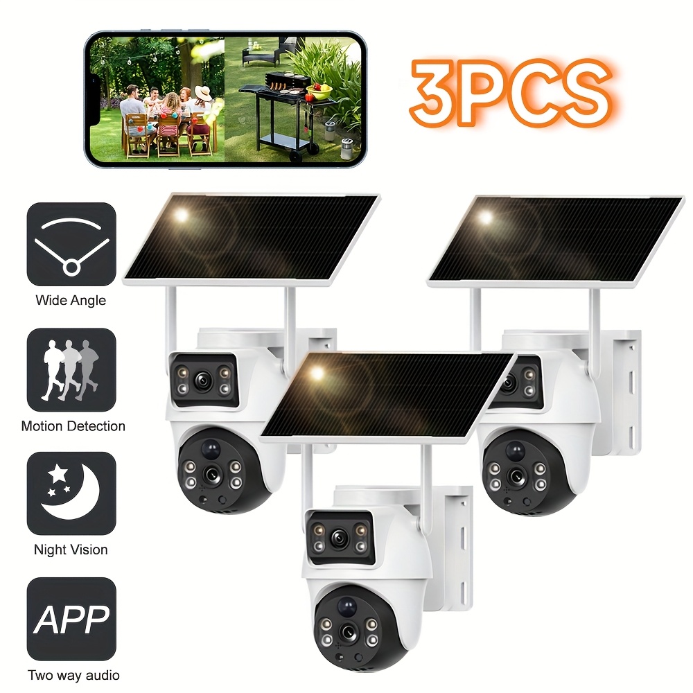 TEMU Caméra de sécurité solaire fil extérieure XIAOVV, 8MP HD double objectif, WiFi 2.4G, caméra de surveillance domestique avec vision en couleur,