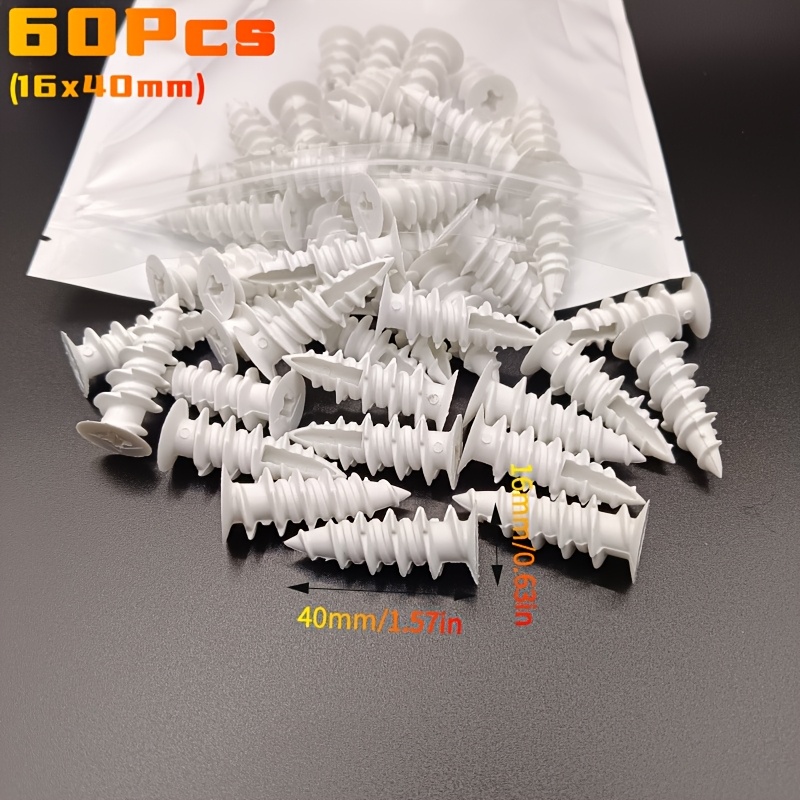 60pcs White Plastic Wall Plugs, Spiral Design Fixing, 12/16mm High Hardness, -drilling Installation For Walls