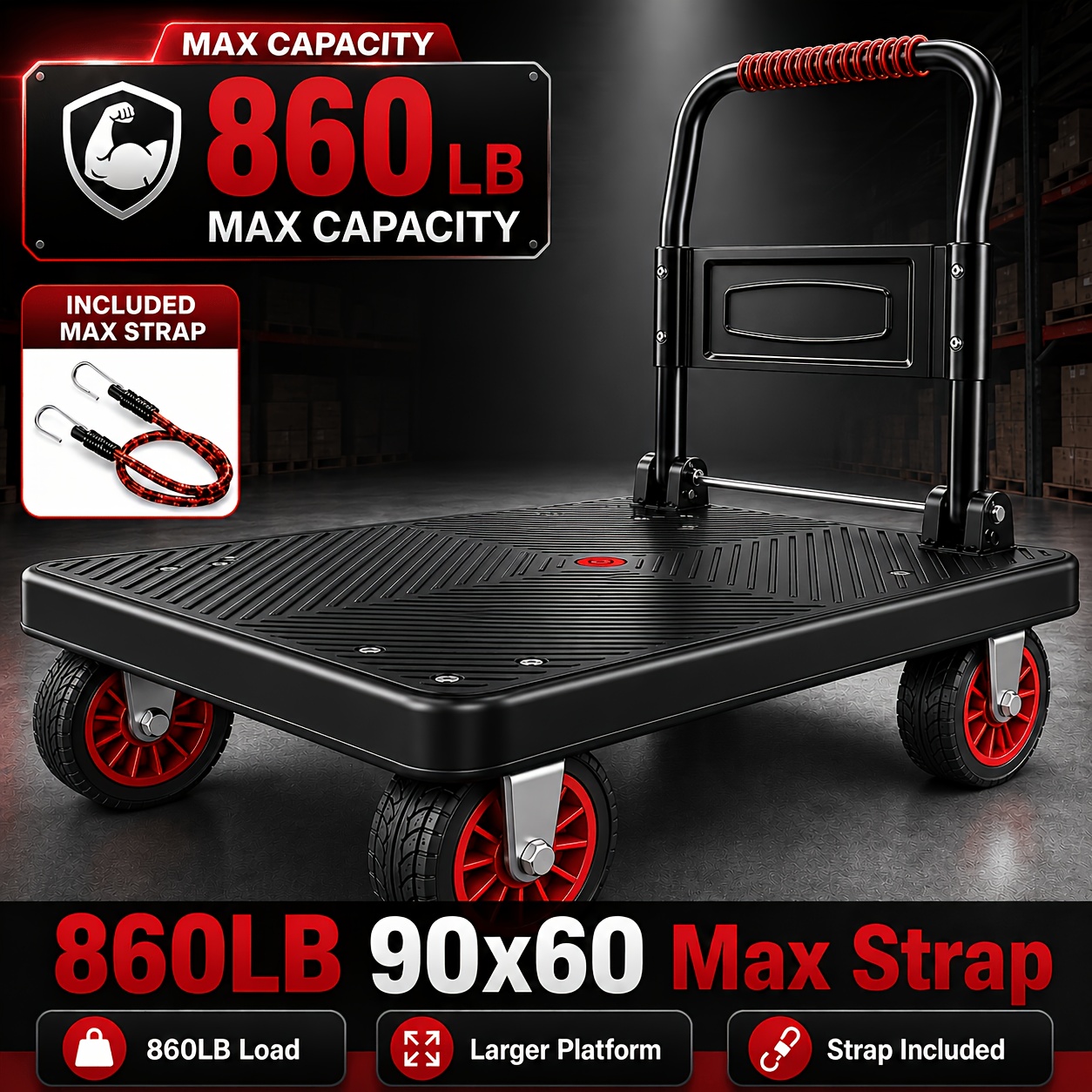 TEMU 860lb 700lb 280lb Heavy Duty Folding Platform Cart, 3 Sizes Dolly With Quiet Tpr Wheels, Foldable Moving Cart For Warehouse, Garage, Office