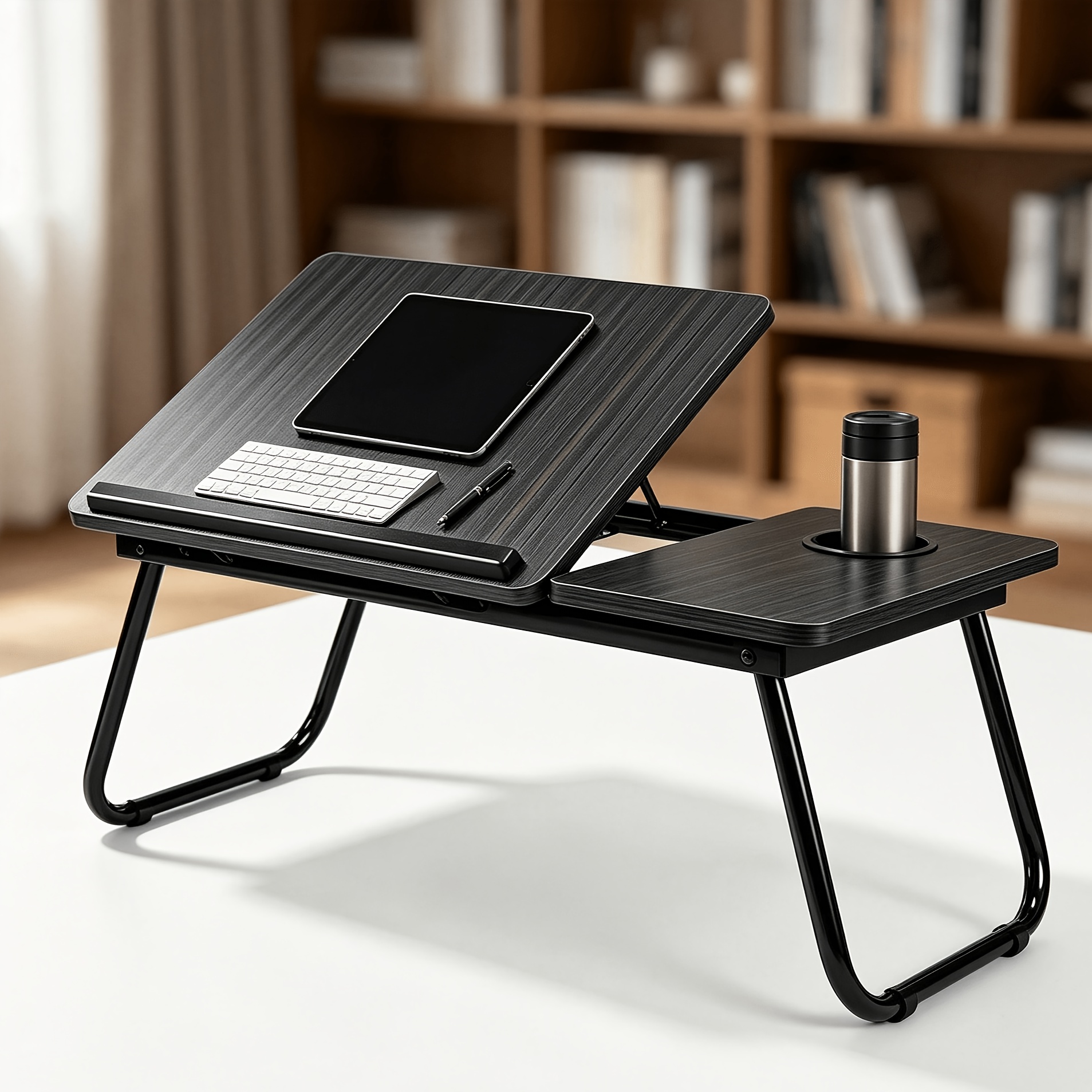 TEMU [] 2 Colors Versatile Folding Laptop Desk With Cup Holder - 5-level Adjustable Tilt, Portable & Sturdy Wooden Frame, Ideal For Reading, Studying