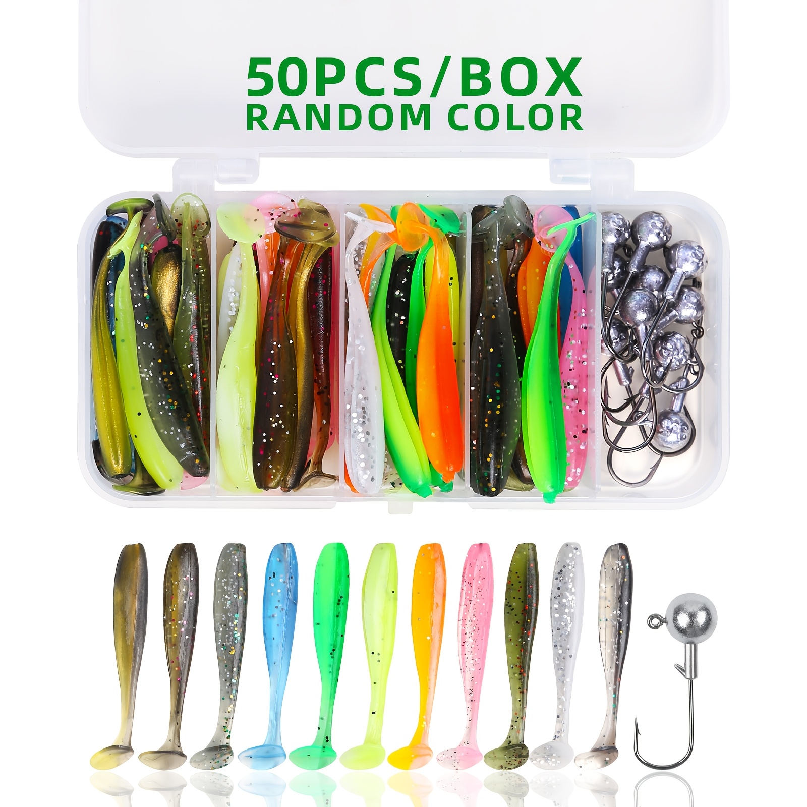 TEMU 50pcs Lure T-tail Jig Head Hook Set In Compartment Box, Suitable For And Fishing Accessories