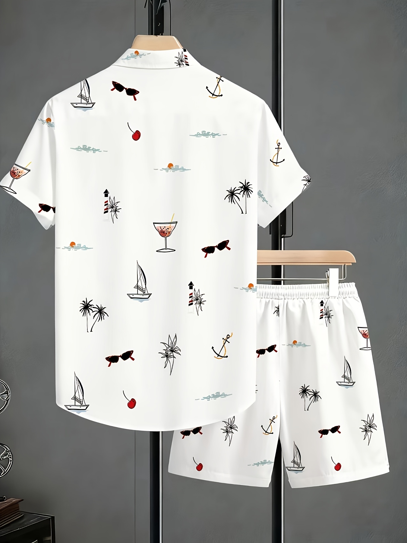 Men's Fashion Summer Printed Collar Shirt Set - Comfortable Short Sleeve Shirt with Pocket Drawstring Shorts, New Summer Casual Loose Fit Round Neck T-Shirt, Suitable for Spring and Summer Wear, Comfortable for Daily Use