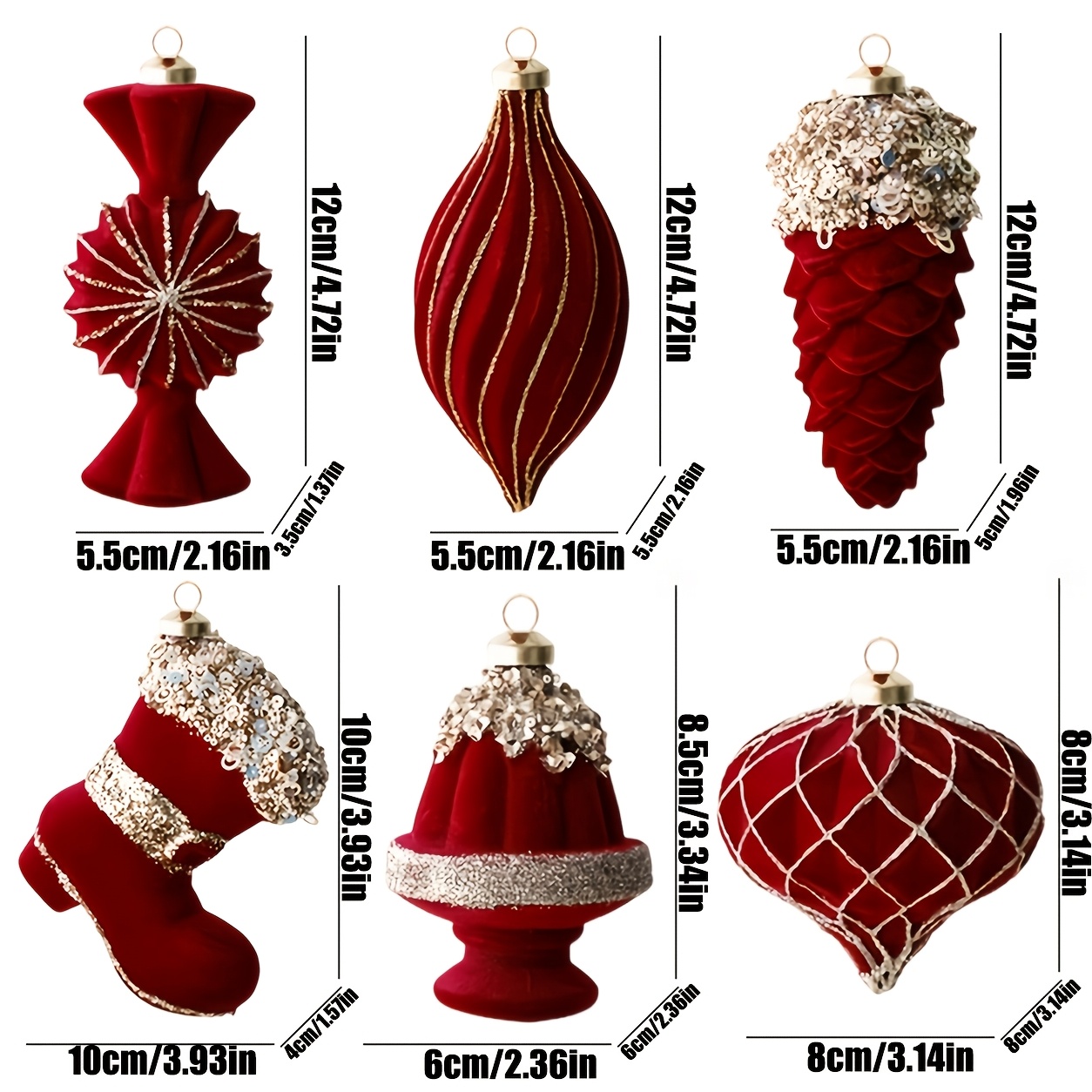 TEMU Red Velvet Christmas Tree Ornament 6pcs Set, Irregular Christmas Ball Pendant, High-end Luxurious Christmas Scene Decoration
