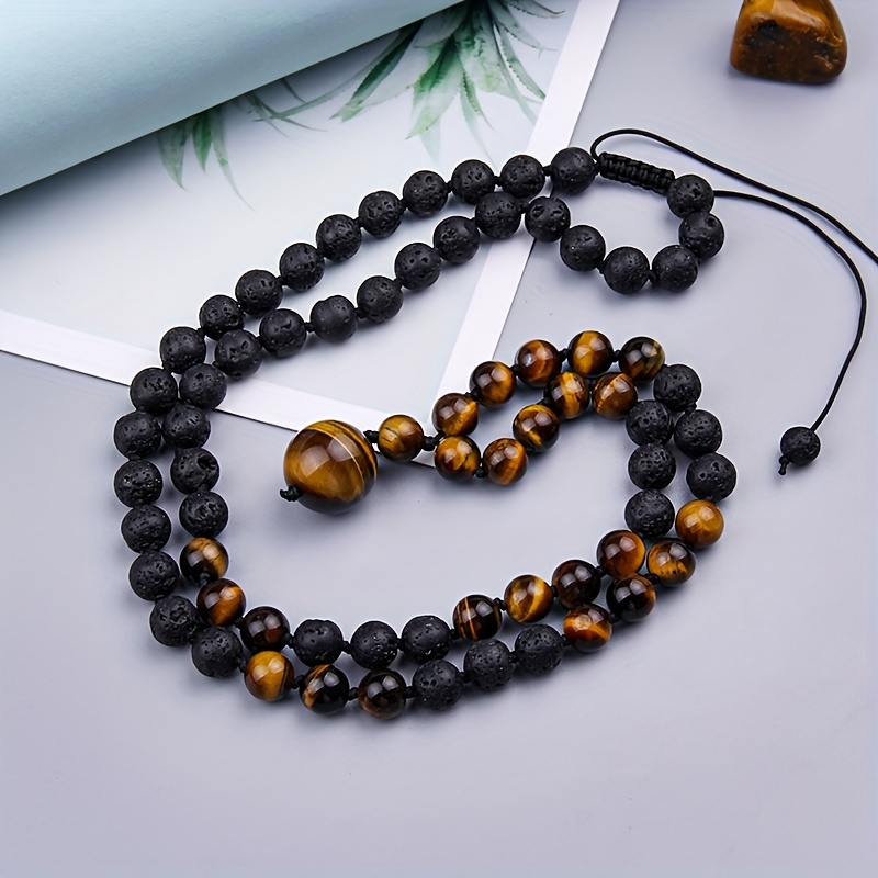 Chic 8mm Tiger Eye & Lava Stone Beaded Necklace with Pendant