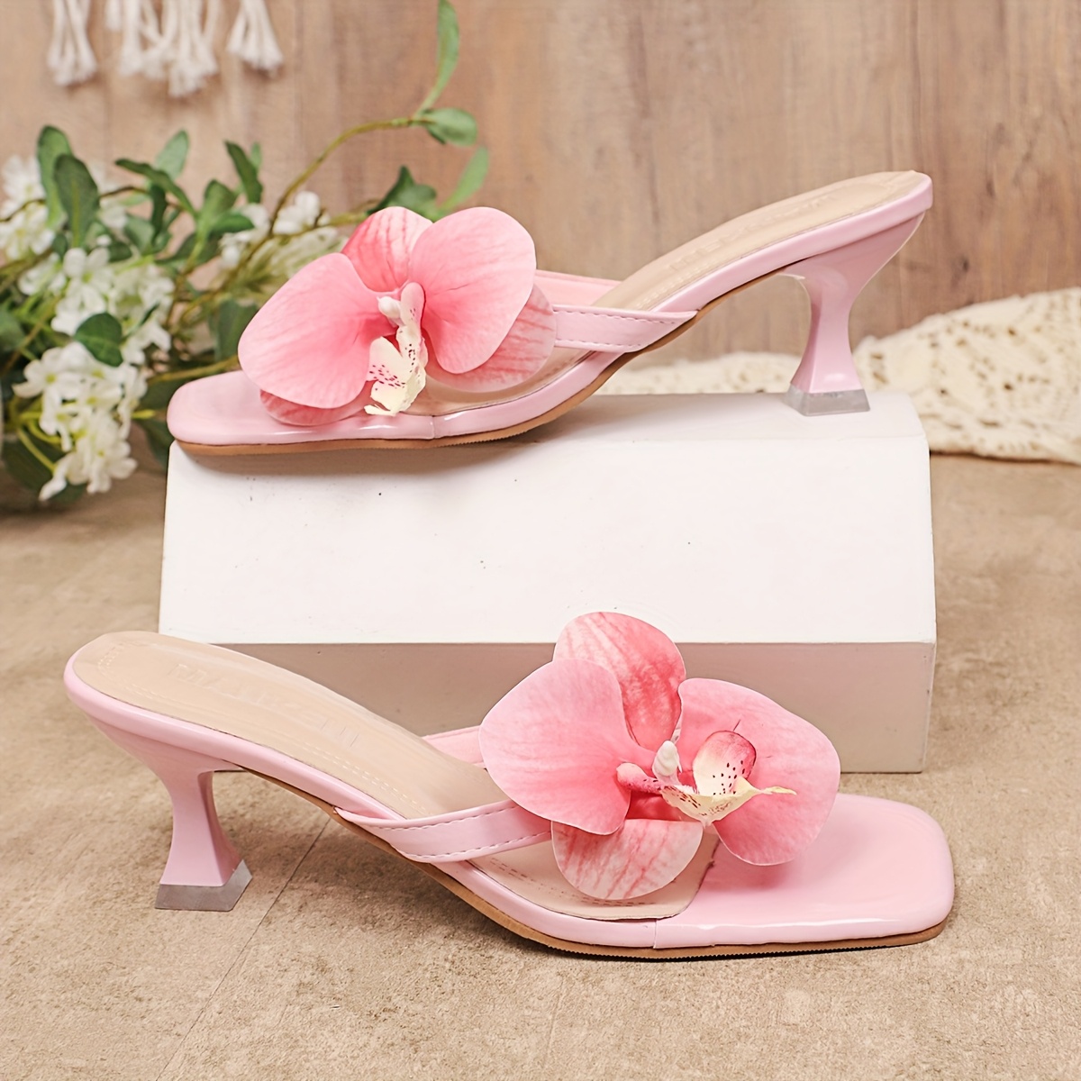 womens pink floral high heel flip flops stylish summer Temu