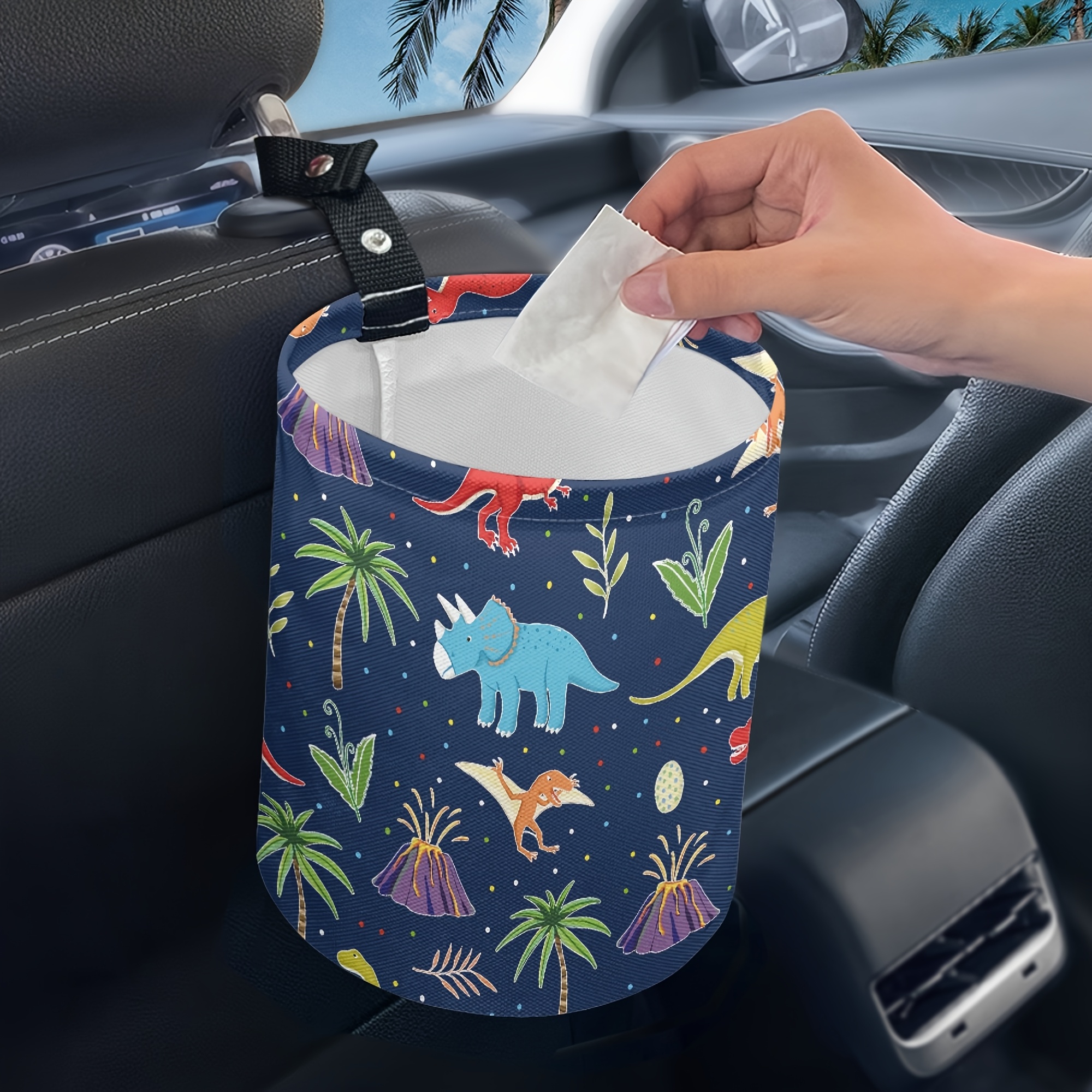 Vehicle Waste Container Designed For The Back Seat, Featuring A Leak-resistant Design And A Dinosaur Pattern, Suitable For Men And Women