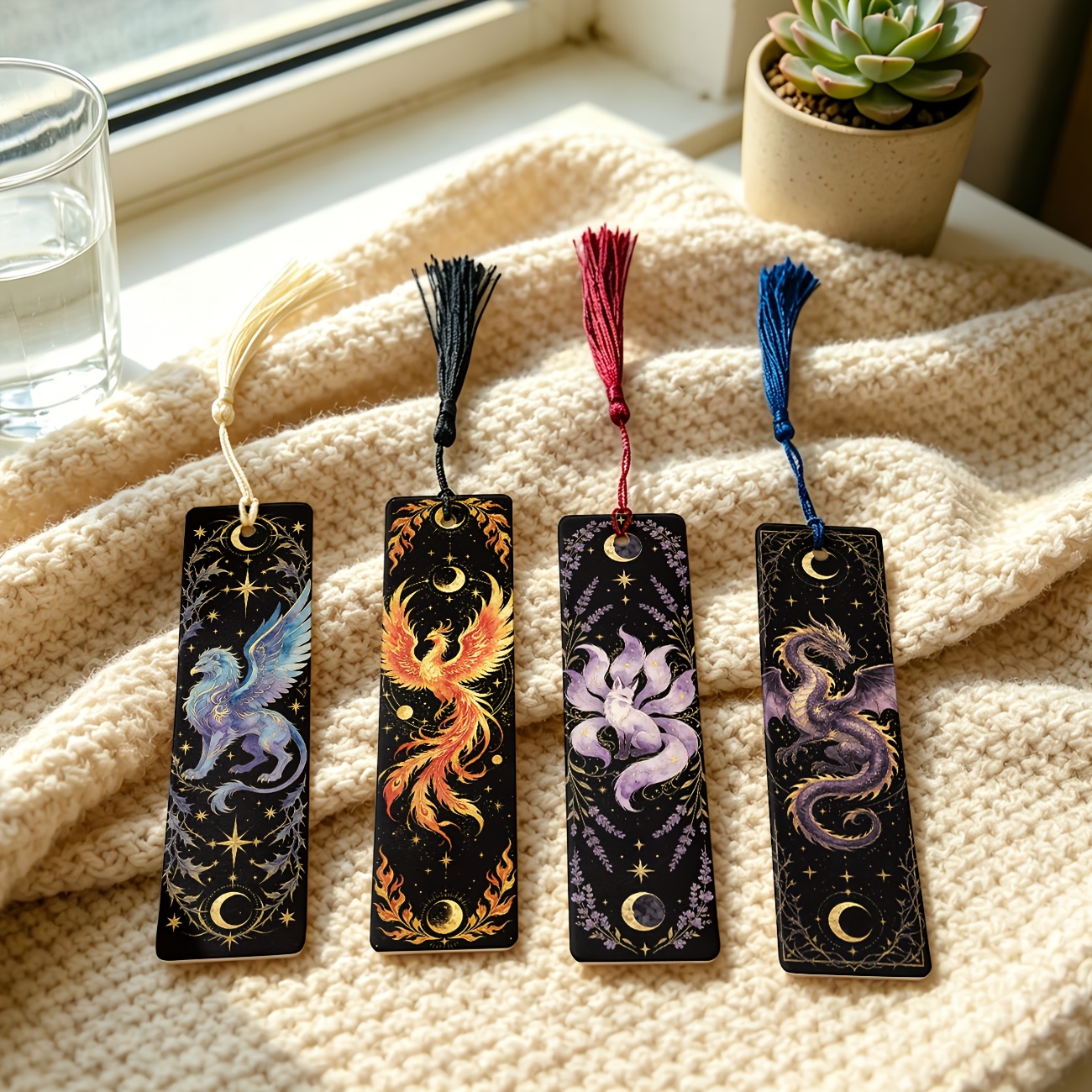 TEMU 4pcs, Black Gilded Fantasy, , Phoenix, Nine-tailed Fox, Oriental Dragon, Starry Sky, Gothic Retro Pattern 1.5in X 5.9in 2d Printed Faux Leather