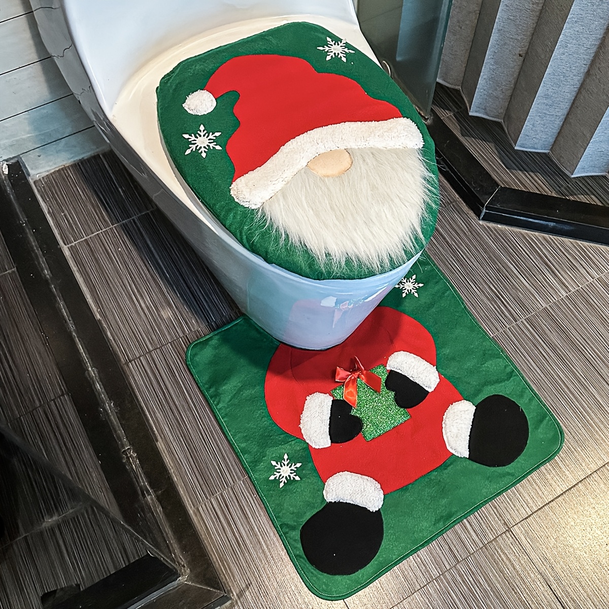 TEMU 2pcs Décorations de salle de bain de Noël, Housses de siège de toilette de Noël gnome pour personnes âgées - Décoration de salle de bain